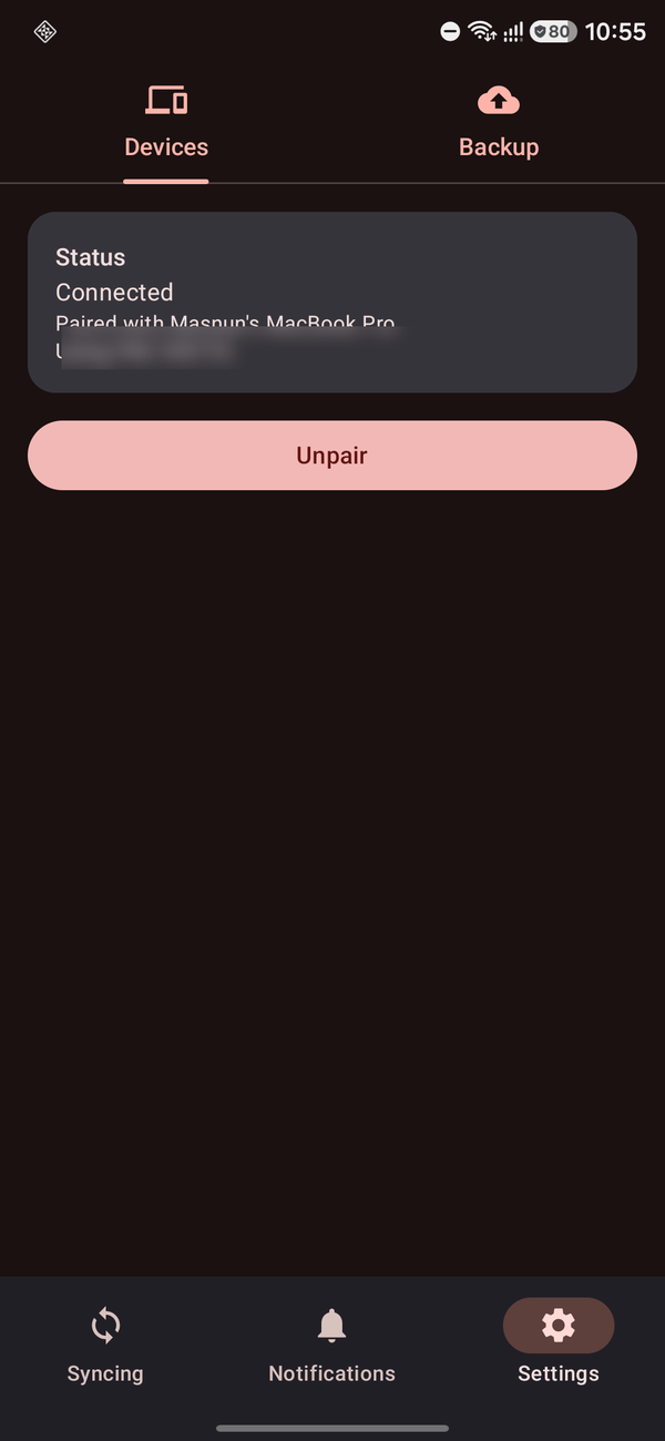 Droid M8 Android Settings showing connected status