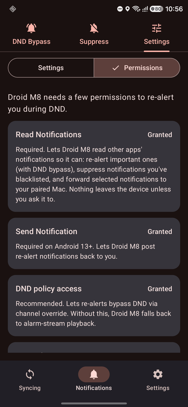 Droid M8 Android Permissions screen