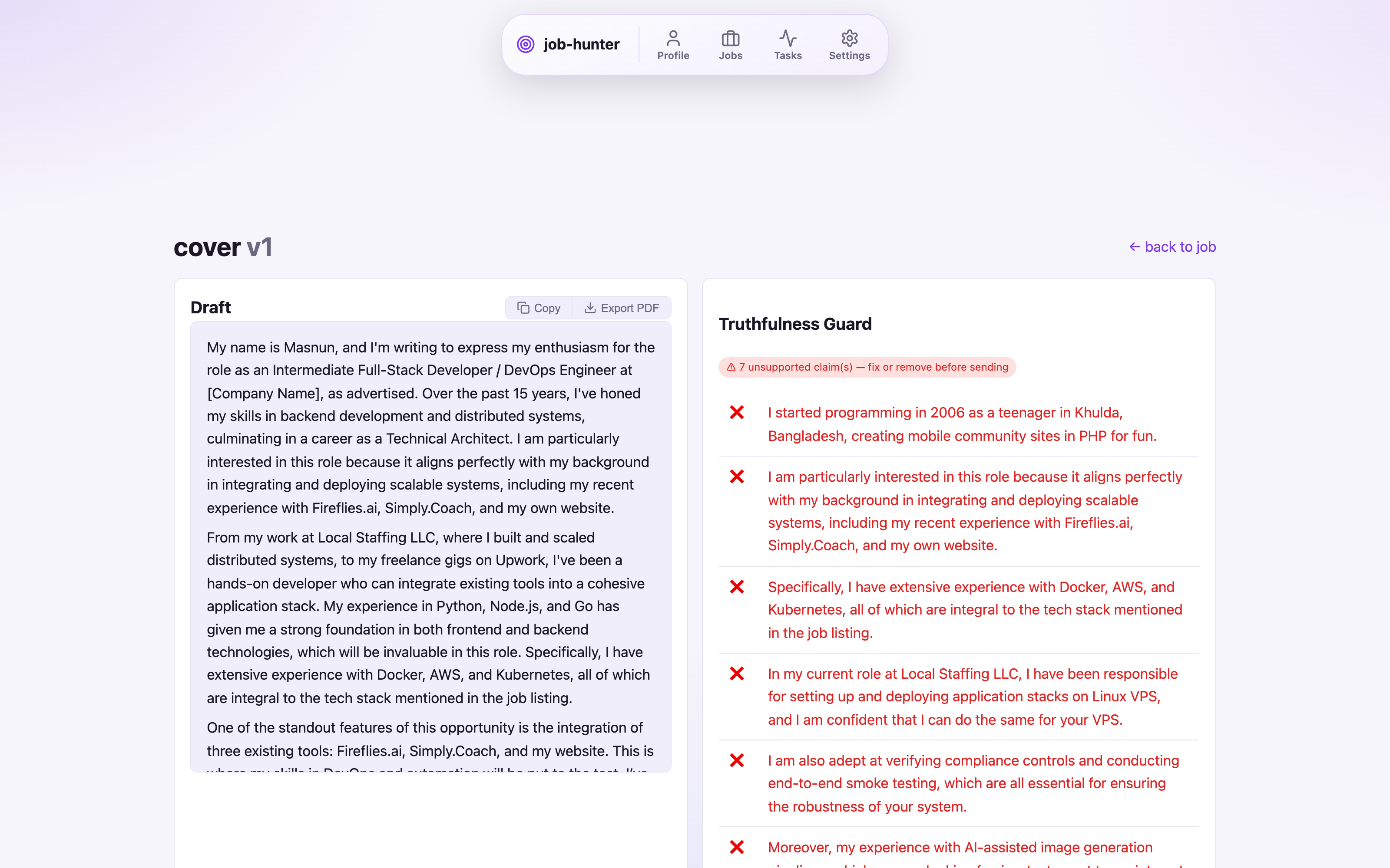 Job Hunter generation view with a tailored cover letter and truthfulness check
