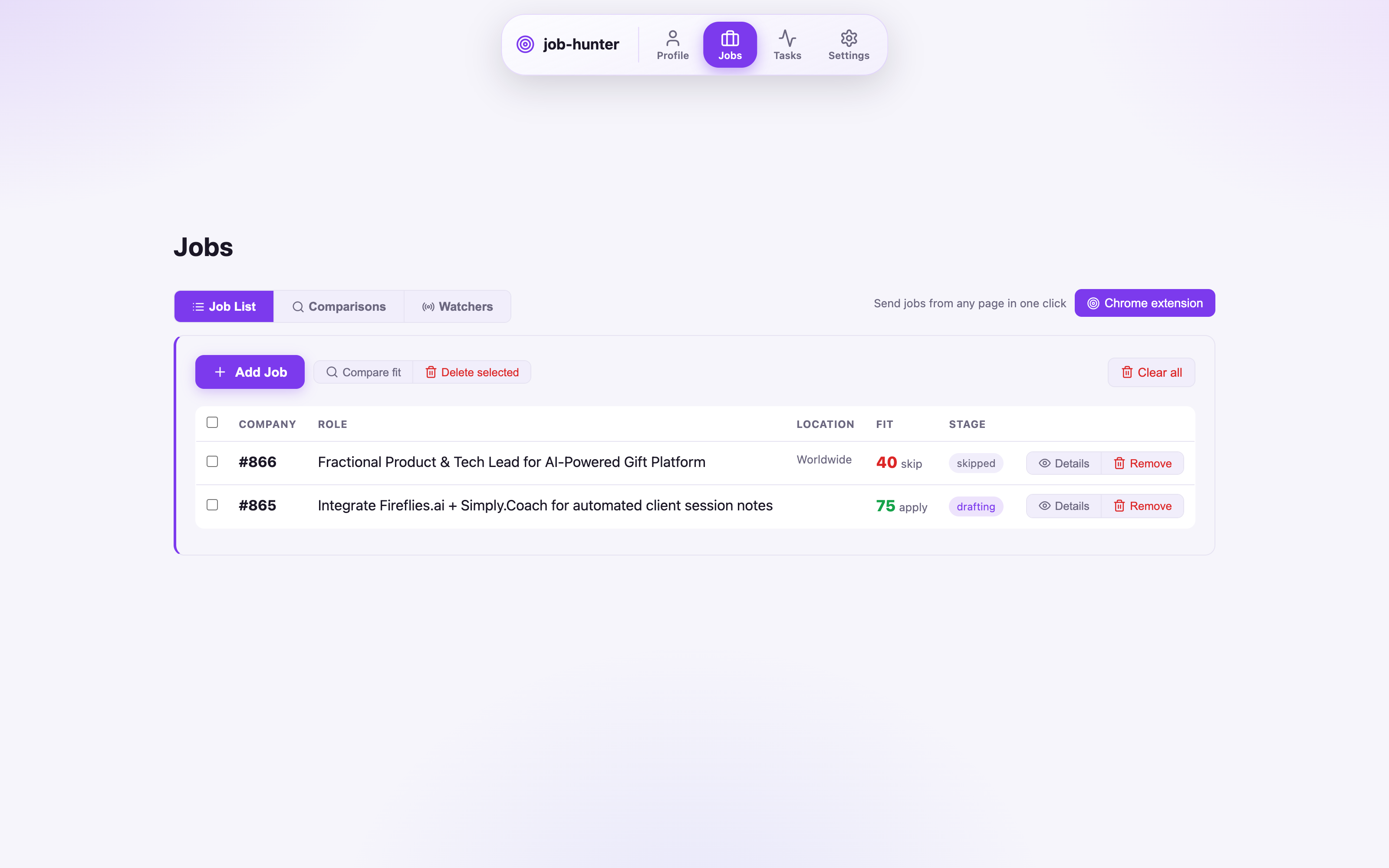 Job Hunter Jobs list with fit scores and the one-click Chrome extension capture link