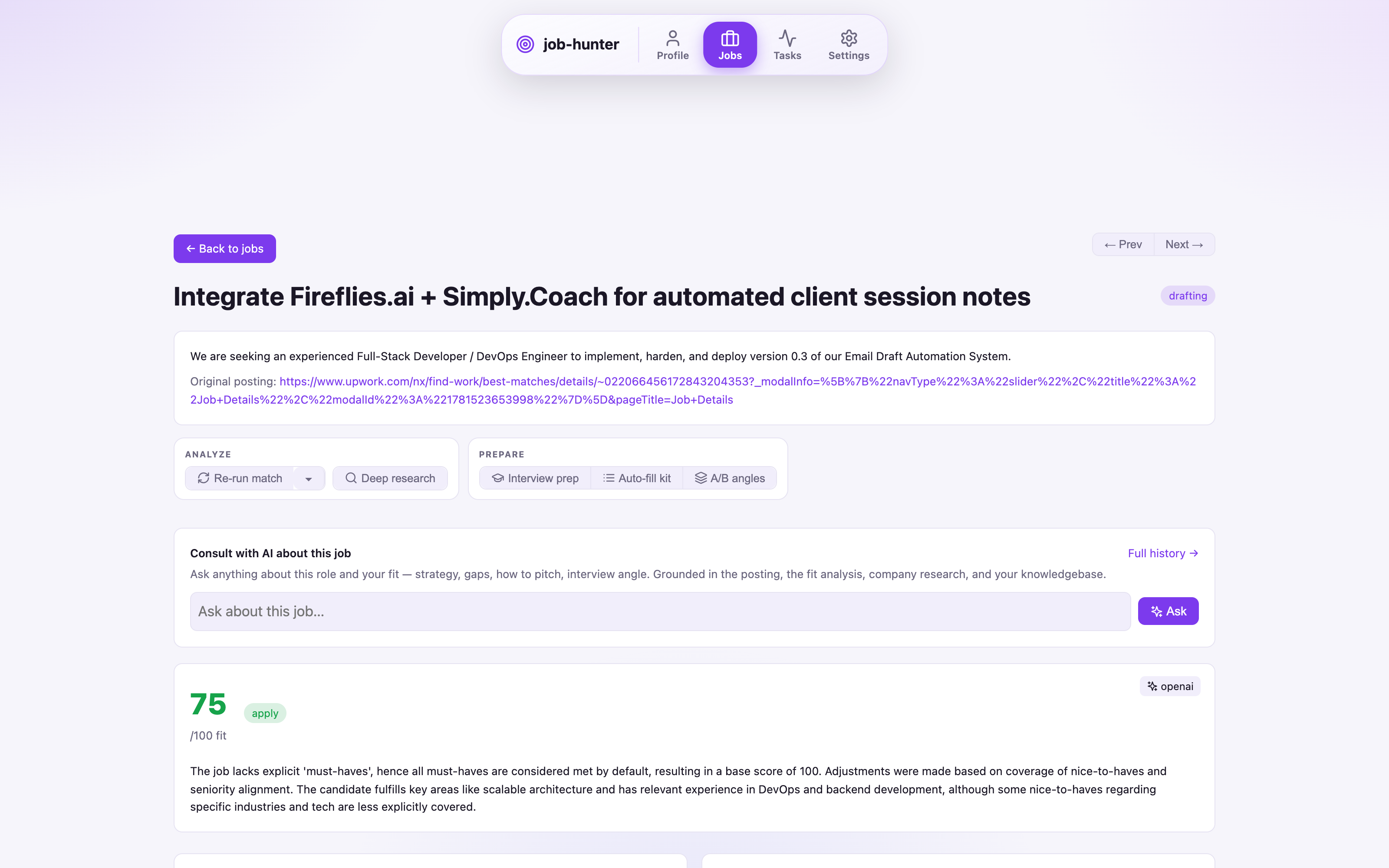 Job Hunter job view showing an honest fit score with its reasoning and a gap coach