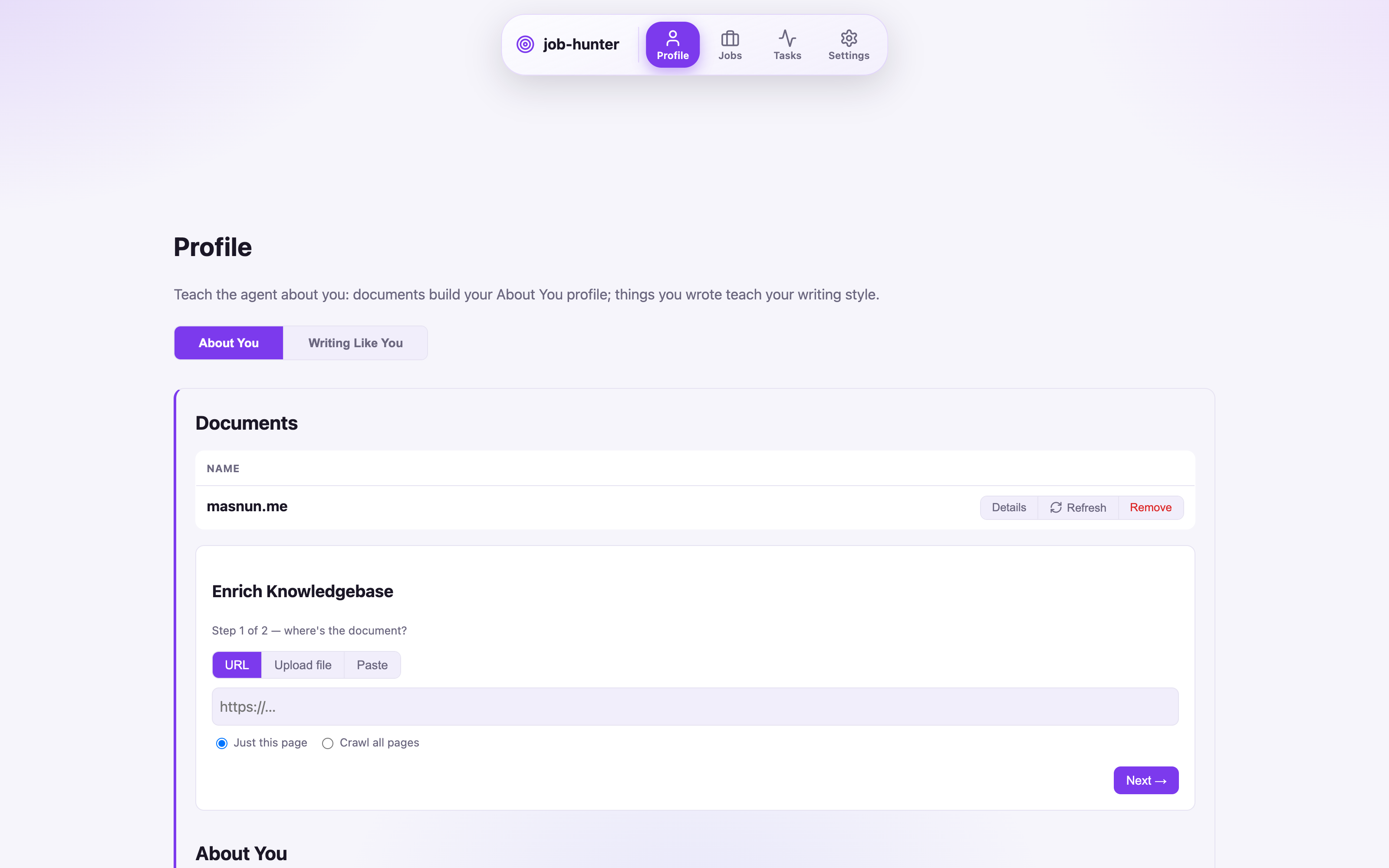 Job Hunter Profile view with the candidate dossier and voice studio