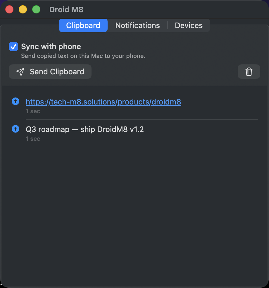 Droid M8 Mac Clipboard tab