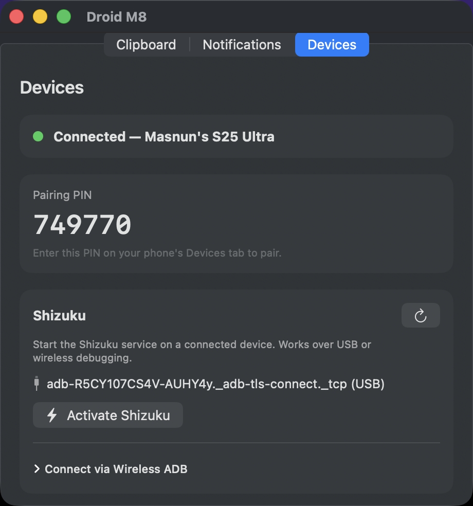Droid M8 Mac app Devices tab showing pairing PIN